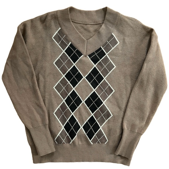 Women’s Argyle Plaid Sweater Pullover Long Sleeve Preppy Sweater Top - Picture 4 of 6